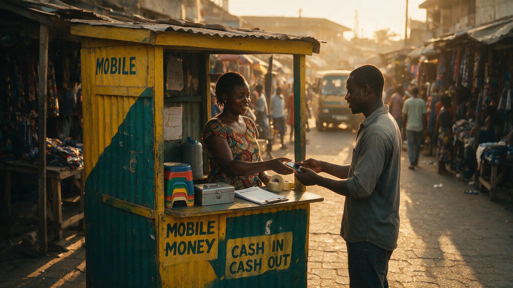 A mobile money agent hands a smartphone back to a customer at a roadside kiosk in an Accra market at golden hour